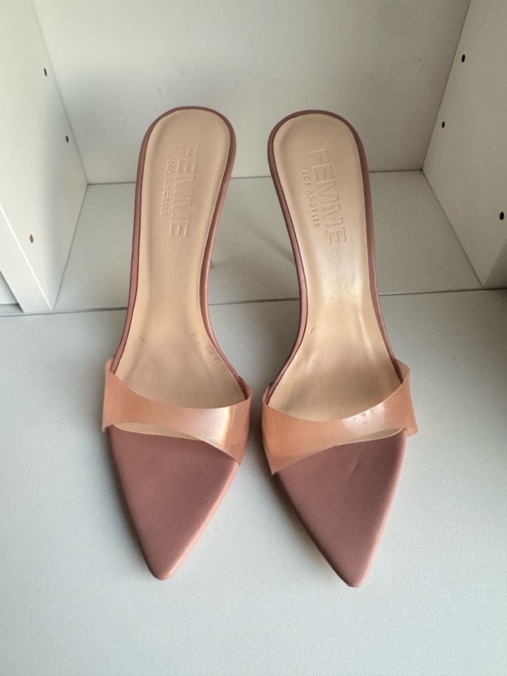 La Femme Mauve and Peach Pointed Toe Slide Mules with Translucent Strap - Picture 1 of 5